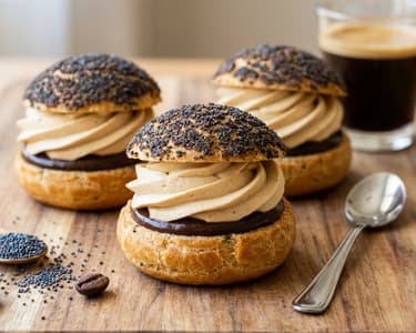 Coffee Choux Pastry Puffs with Poppy Seed Craquelin