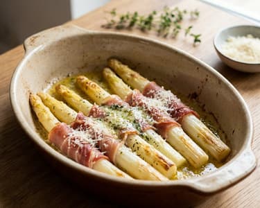 Gratinated White Asparagus with Parma Ham and Herb Butter