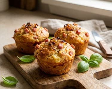 Spicy Muffins with Gouda and Ham-Shallot Topping
