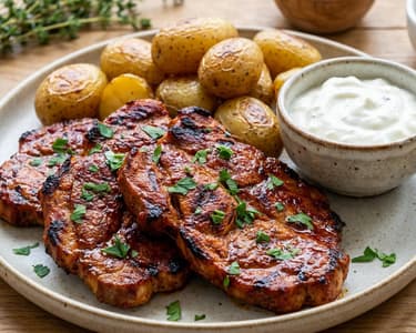 Grilled Pork Neck Steak with Roasted Potatoes and Garlic Dip
