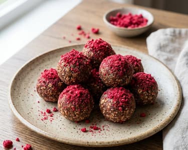 Haferflocken-Bällchen mit Kakao und Himbeeren