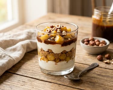 Quark Layered Dessert with Baked Apples and Date Caramel