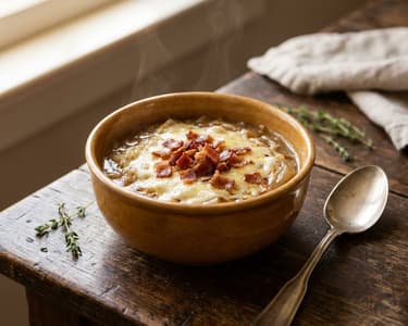 Hearty Onion Soup with Bacon and Cheese