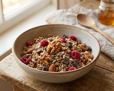 Knusprige Nuss-Granola mit Himbeeren