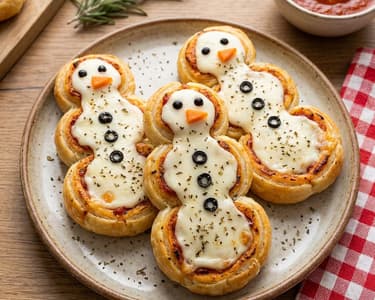Funny Snowman Pizza Swirls made from Puff Pastry