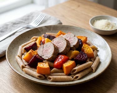 Whole Wheat Pasta with Pork Tenderloin and Roasted Vegetables