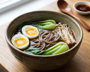 Asian Broth with Soba Noodles, Egg, and Pak Choi