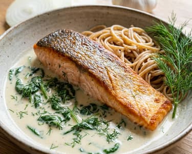 Salmon in creamy coconut milk sauce with spinach and dill