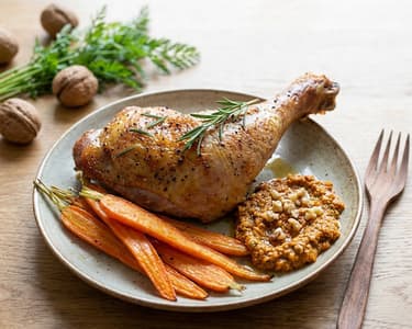 Roasted Turkey Leg with Carrots and Carrot Top Pesto