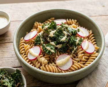 Protein Pasta with Roasted Kale and Radish Dip