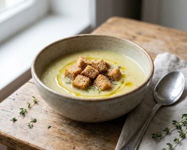Creamy Leek Soup with Whole Grain Croutons