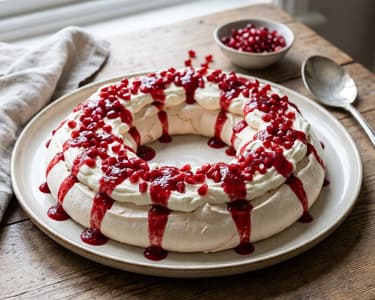 Pavlova Wreath with Pomegranate and Raspberry Sauce