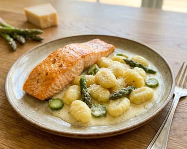 Baked Salmon with Gnocchi, Asparagus, and Cheese Sauce
