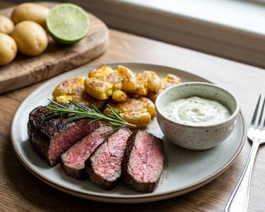 Eye Round Steak with Smashed Potatoes and Coriander Mayonnaise