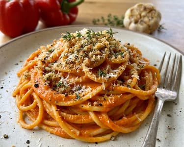 Spaghetti with creamy Roasted Bell Pepper Sauce & Herb Crumbs