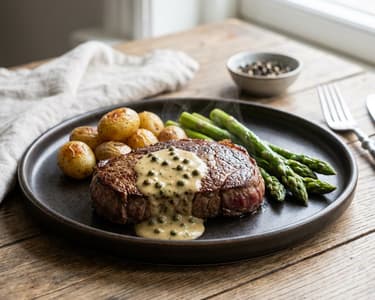 Steak with Creamy Green Peppercorn Sauce