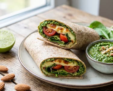 Wrap with grilling cheese, spinach pesto and tomatoes