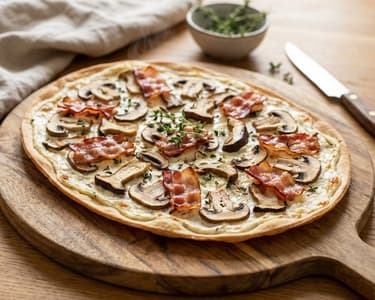 Flammkuchen with Mushrooms and Bacon | Crispy Delight