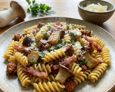 Fusilli with Salsiccia and King Oyster Mushrooms