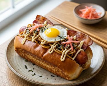 Hot Dog with Noodles and Crispy Bacon