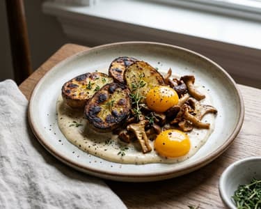 Potatoes in Ash with Garlic Sauce and Mushrooms