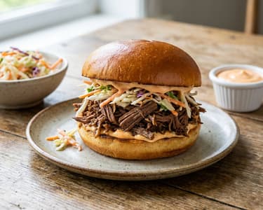 Saftiger Pulled Beef Burger mit Sriracha-Mayo