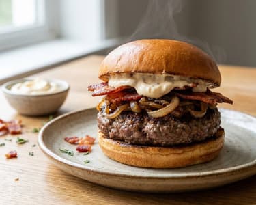 Grilled Burger with Caramelized Onions and Smoked Mayonnaise