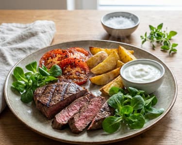 Grilled Rump Steak with Potatoes and Yogurt Dip