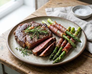 Grilled Ribeye Steak with Baby Asparagus Wrapped in Bacon