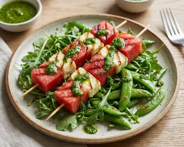 Grilled Melon with Halloumi and Sugar Snap Peas