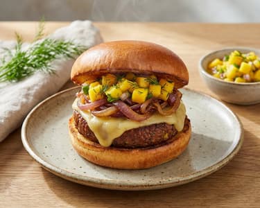Vegan Burger with Mango Salsa & Caramelized Onions