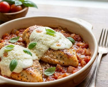 Parmesanhuhn mit Mozzarella und Paradeisern