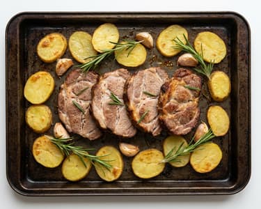 Roasted Pork Neck with Potatoes, Garlic, and Rosemary