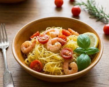 Kürbis mit Garnelen und Kirschtomaten