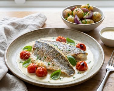 Goldbrasse mit Paradeisern und Rösterdäpfeln