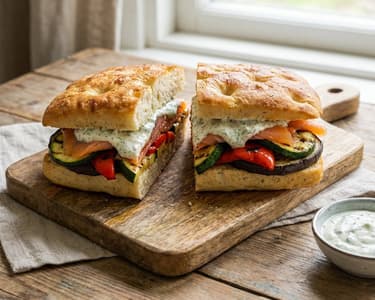 Focaccia with grilled vegetables and smoked salmon
