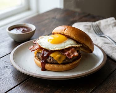 Juicy Beef Burger with Fried Egg and Bacon