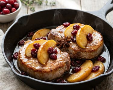 Schweinskoteletts mit Äpfeln und Preiselbeeren