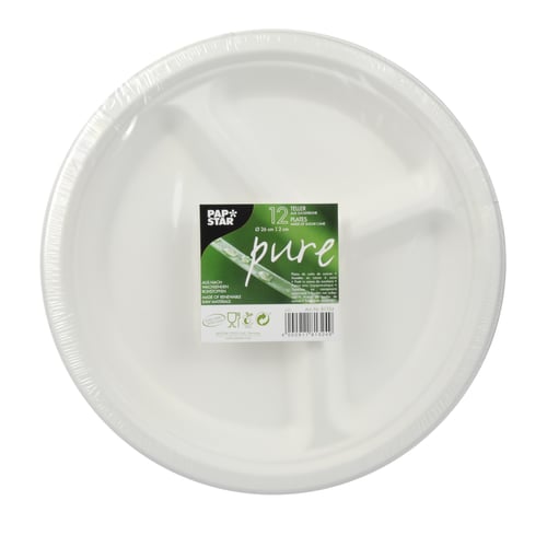 500 weisse Zuckerrohr Teller "pure" 3-geteilt Ø 26 cm 2 cm Party Einwegteller 