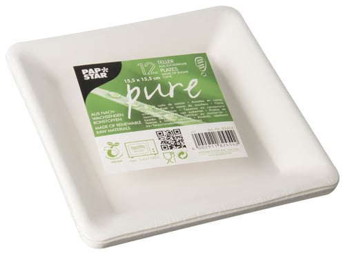 12 Teller, Zuckerrohr "pure" eckig 15,5 cm x 15,5 cm weiss - Gurkerl.at