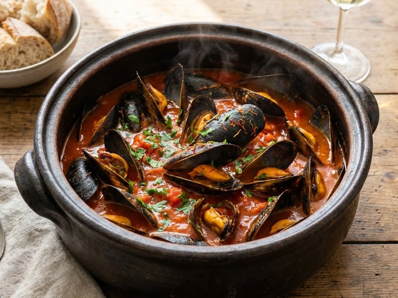 Miesmuscheln nach Seemannsart mit Paprika und Paradeisern