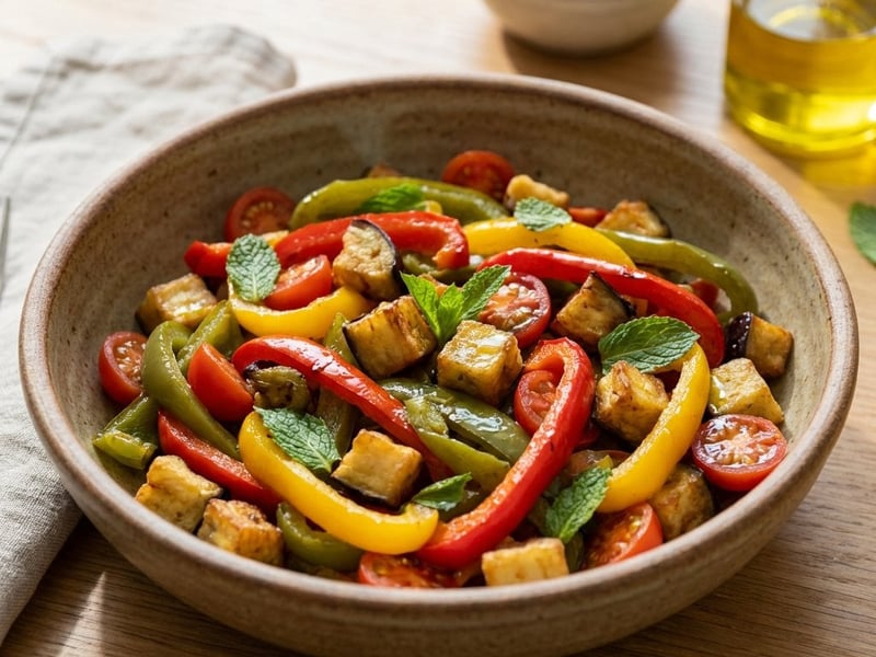 Mediterranean Salad with Roasted Bell Peppers and Eggplant