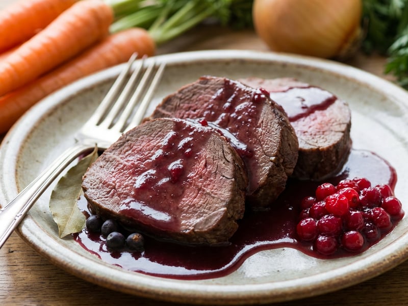 Hirschbraten mit Rotwein-Preiselbeer-Soße