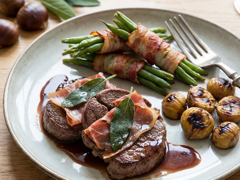 Saltimbocca vom Hirschrücken mit Ofen-Kastanien und Speckbohnen