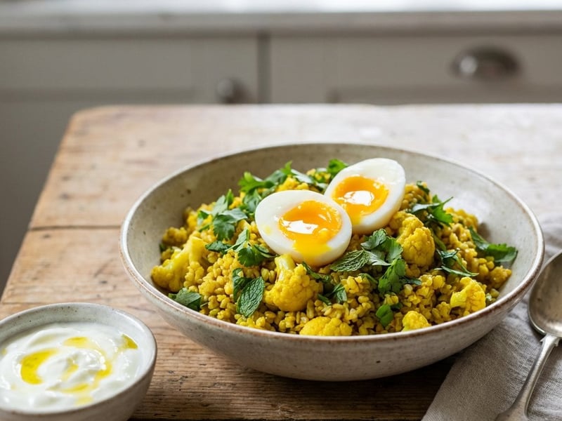 Cauliflower Bulgur with Curry and Egg