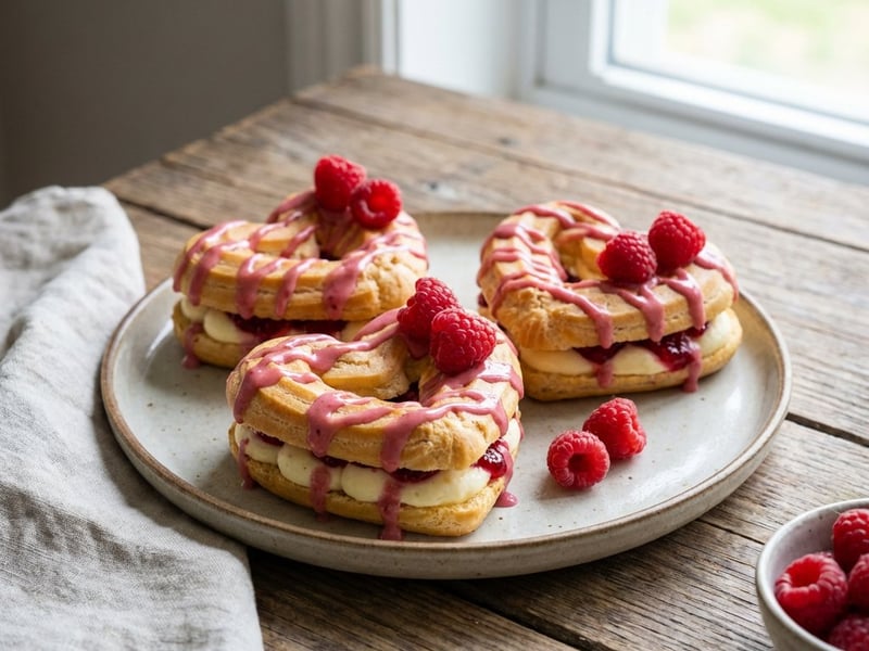 Choux Pastry Hearts with Vanilla Cream and Raspberry Jelly