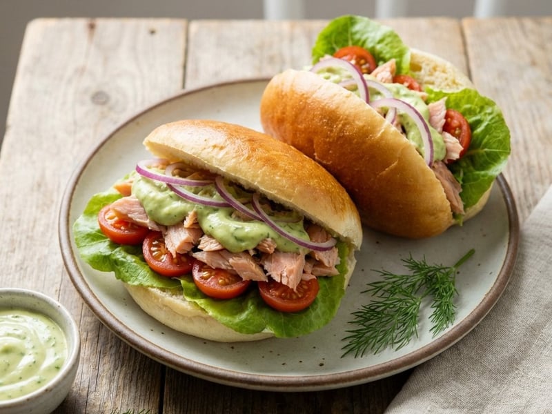 Yogurt Buns with Smoked Trout and Avocado Dressing