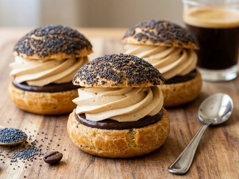 Coffee Choux Pastry Puffs with Poppy Seed Craquelin