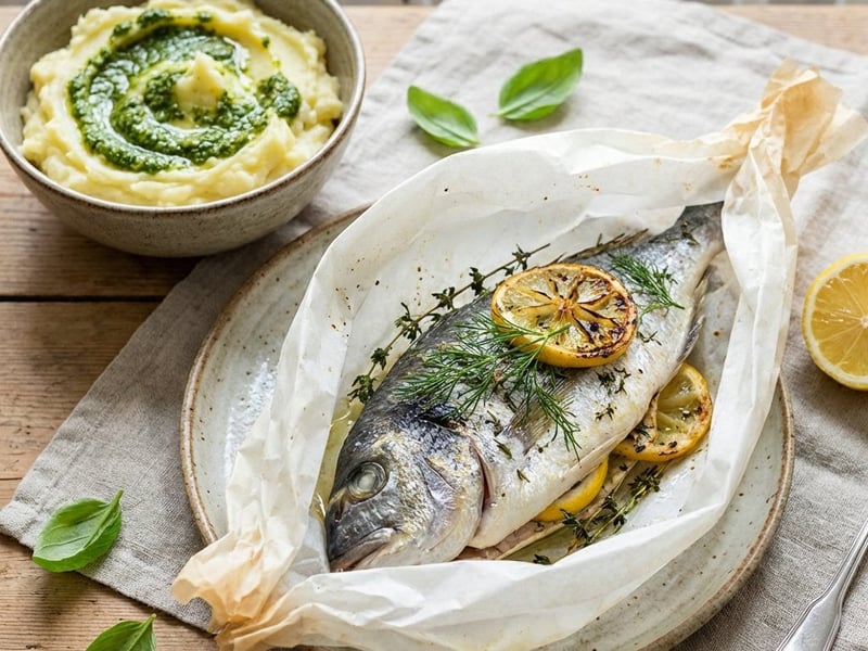 Gilt-head Bream en Papillote with Basil Potato Purée