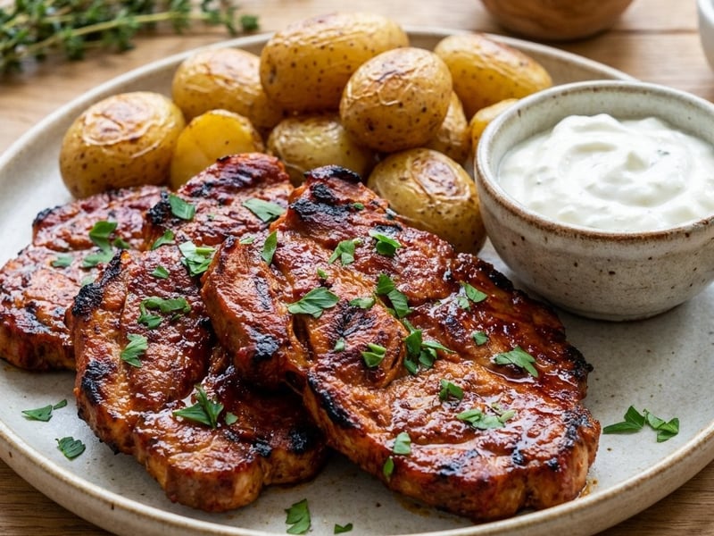 Grilled Pork Neck Steak with Roasted Potatoes and Garlic Dip